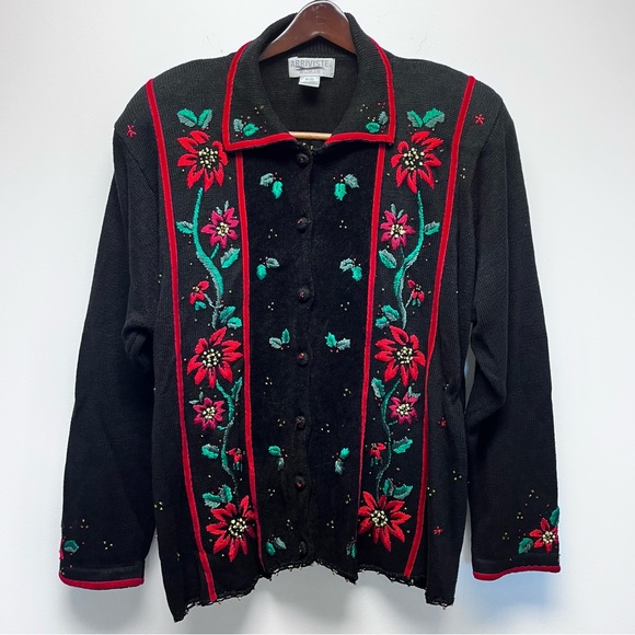 Vintage Embroidered Christmas Cardigan Sweater Pointsettas & Holly Black 18 / 20 - Picture 1 of 9